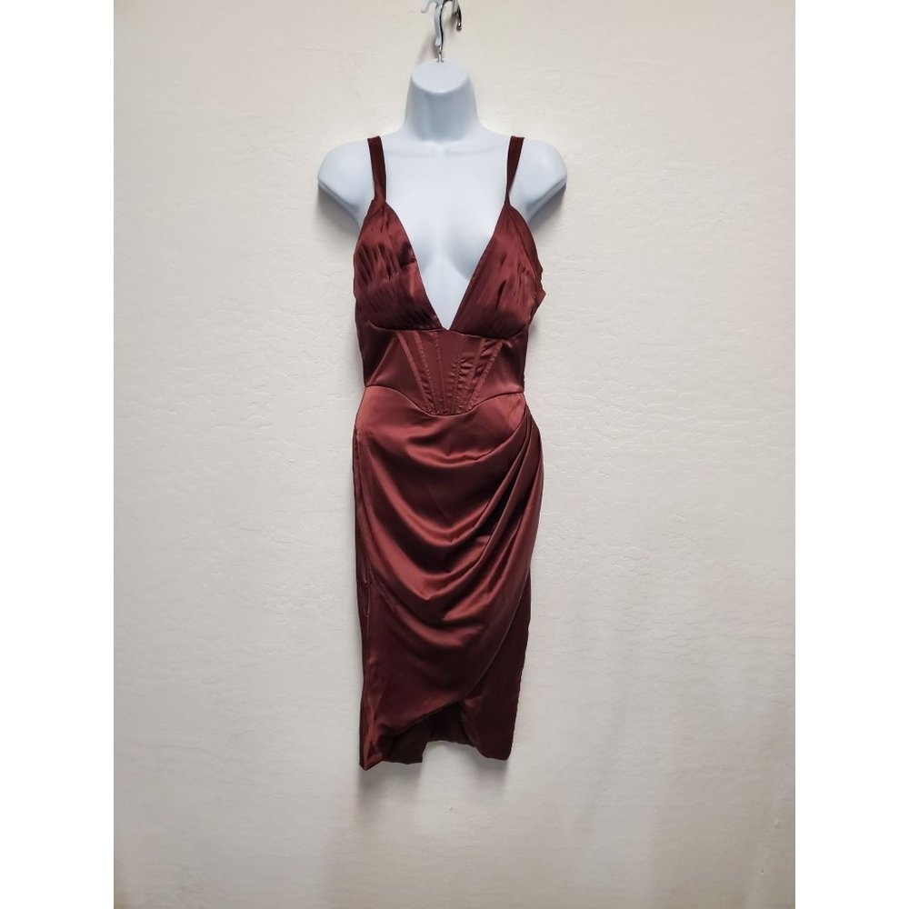 ZAFUL Silky Pleated Draped Bustier Corset-style Midi Dress - Deep Coffee Small